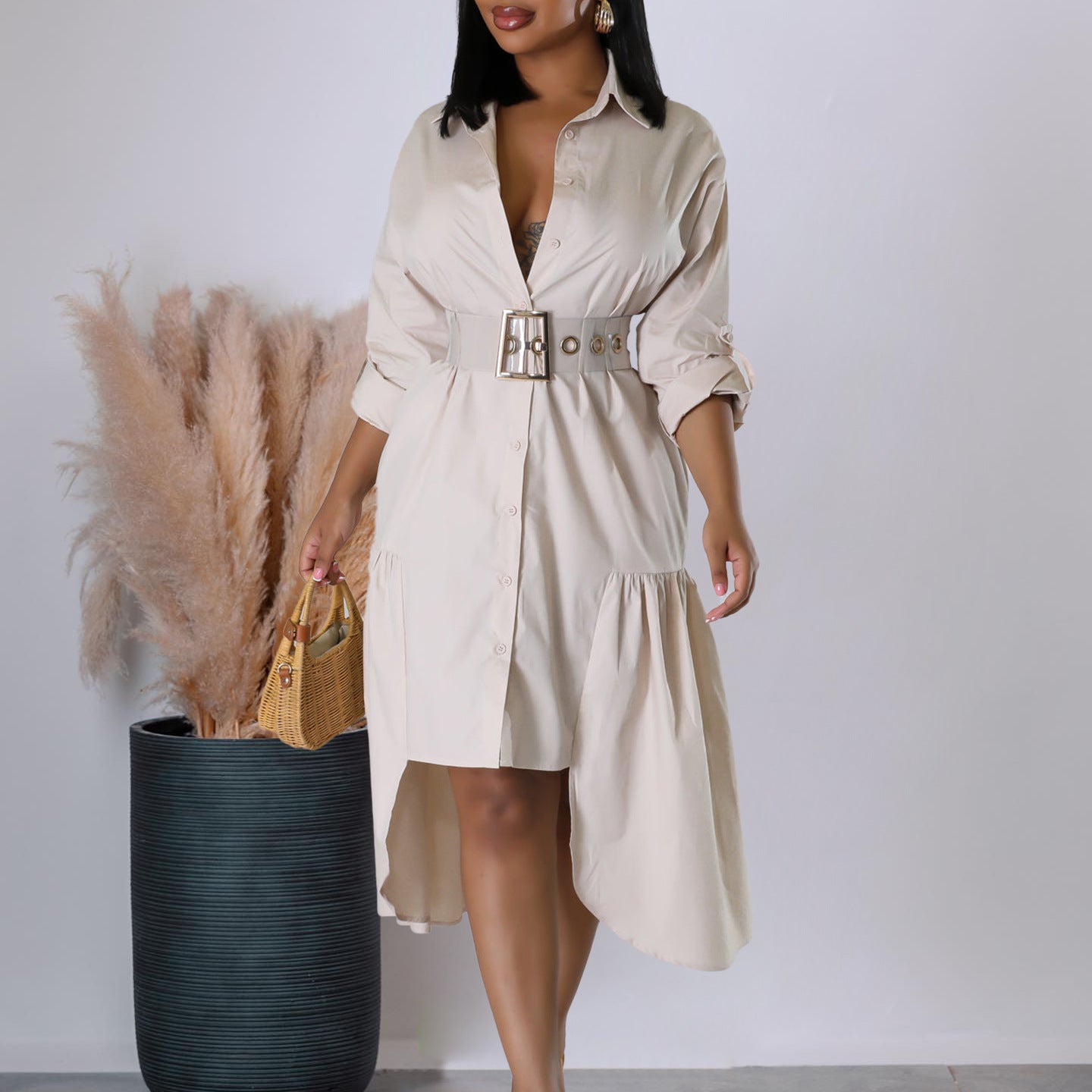 Women's Turndown Collar Solid Color Fashion Loose Casual Button Irregular Shirt Dress 7