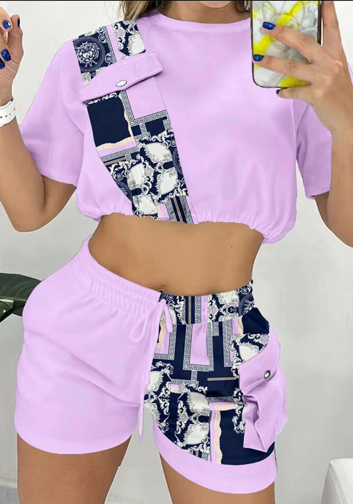 Women Summer Patchwork Denim Short Sleeve Top Short Two-Piece Set 3