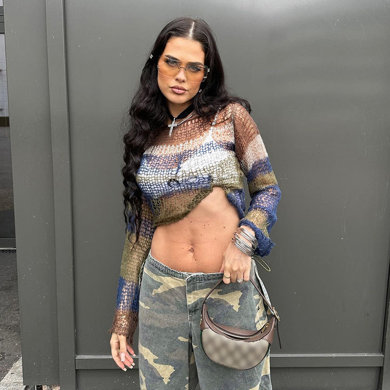 Autumn Women's Casual Contrast Color Knitting Round Neck Street Trendy Long Sleeve Tops For Women