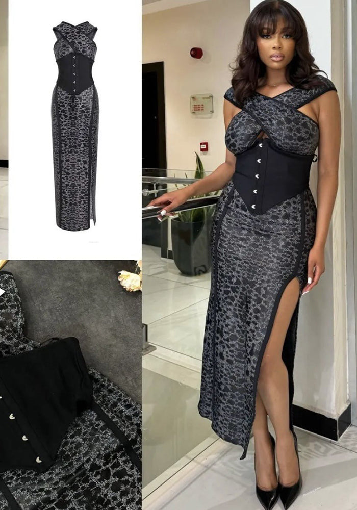 Women Printed Sexy Hollow Slit Bodycon Dress