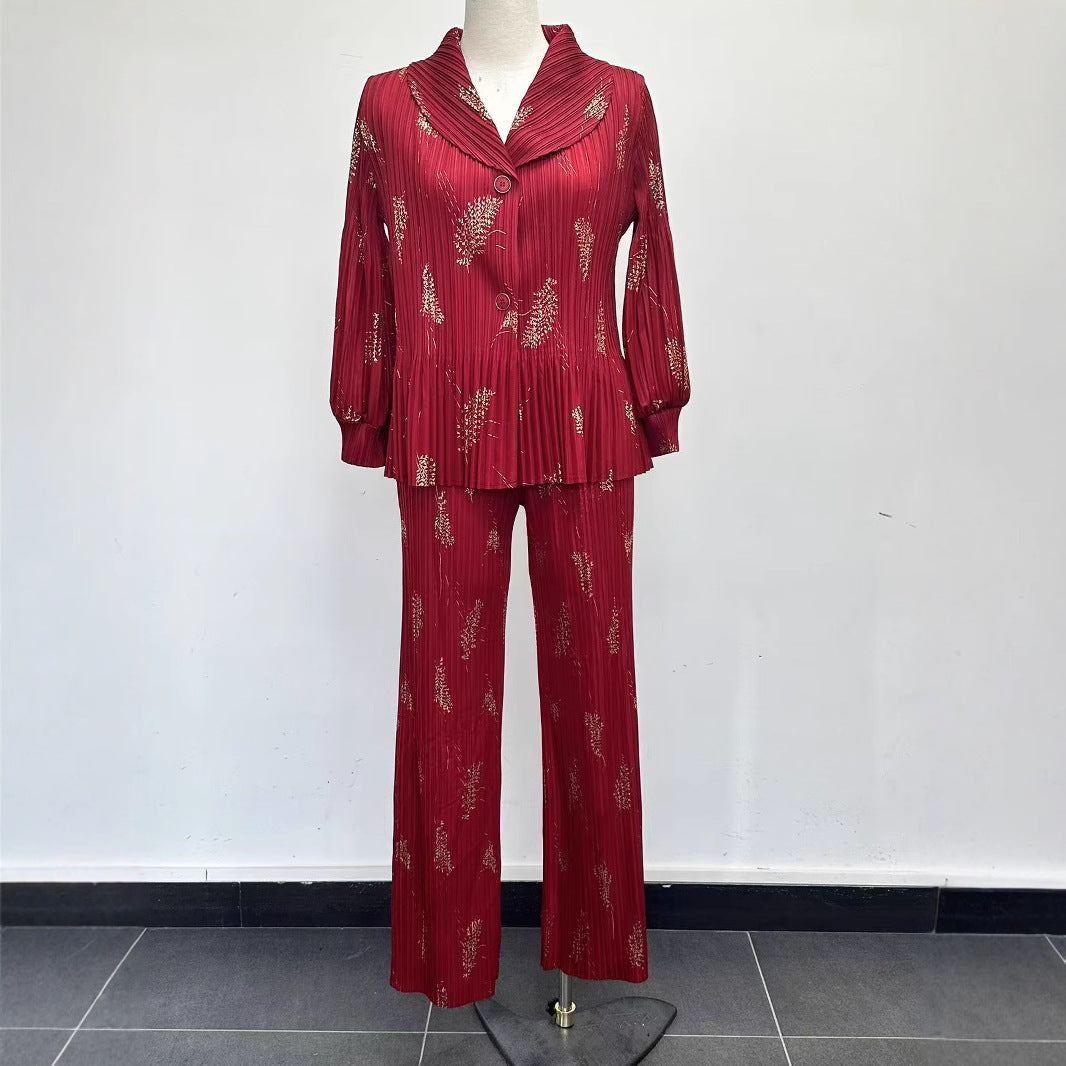 Plus Size Women Casual Pleated Blazer and Pants Two Piece Set 3