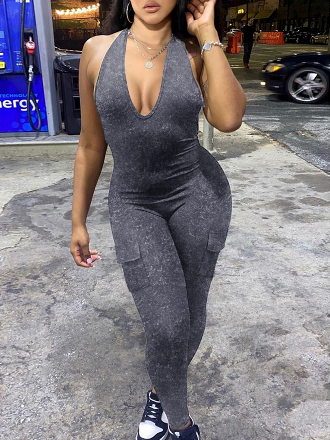 Spring Summer Women'S Sexy Low Back Halter Neck V-Neck With Pockets Butt Lift Sports Jumpsuit 3