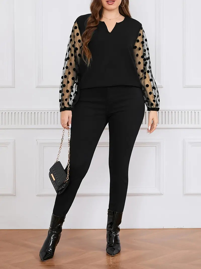 Plus Size Women Solidmesh Patchwork Long Sleeve Plus Size Shirt 4