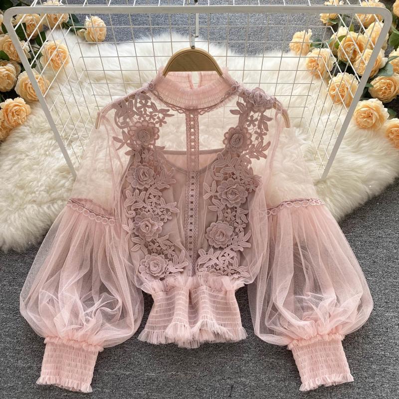 Women Flowers See-Through Mesh Lantern Sleeves lace crop Top 13
