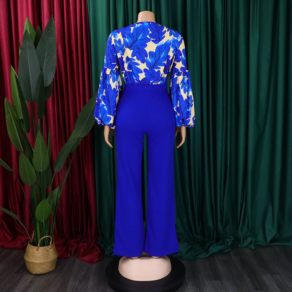 Plus Size Women's Fashion Print Lace-Up Top Wide Leg Pants Two-Piece Set 12