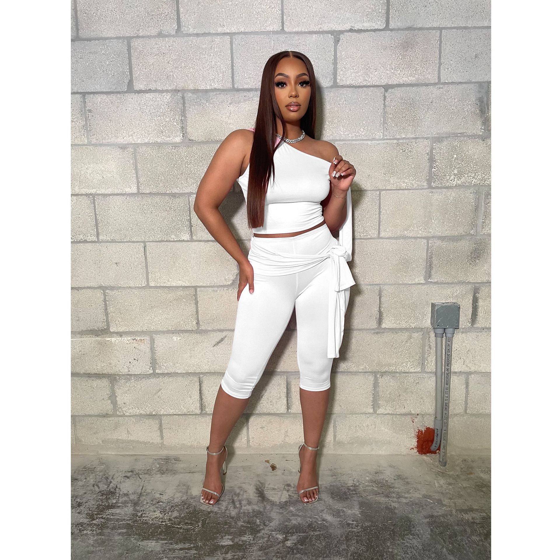 Women Summer Slash Shoulder Lace-Up Casual Solid Top and Shorts Two Piece Set 5