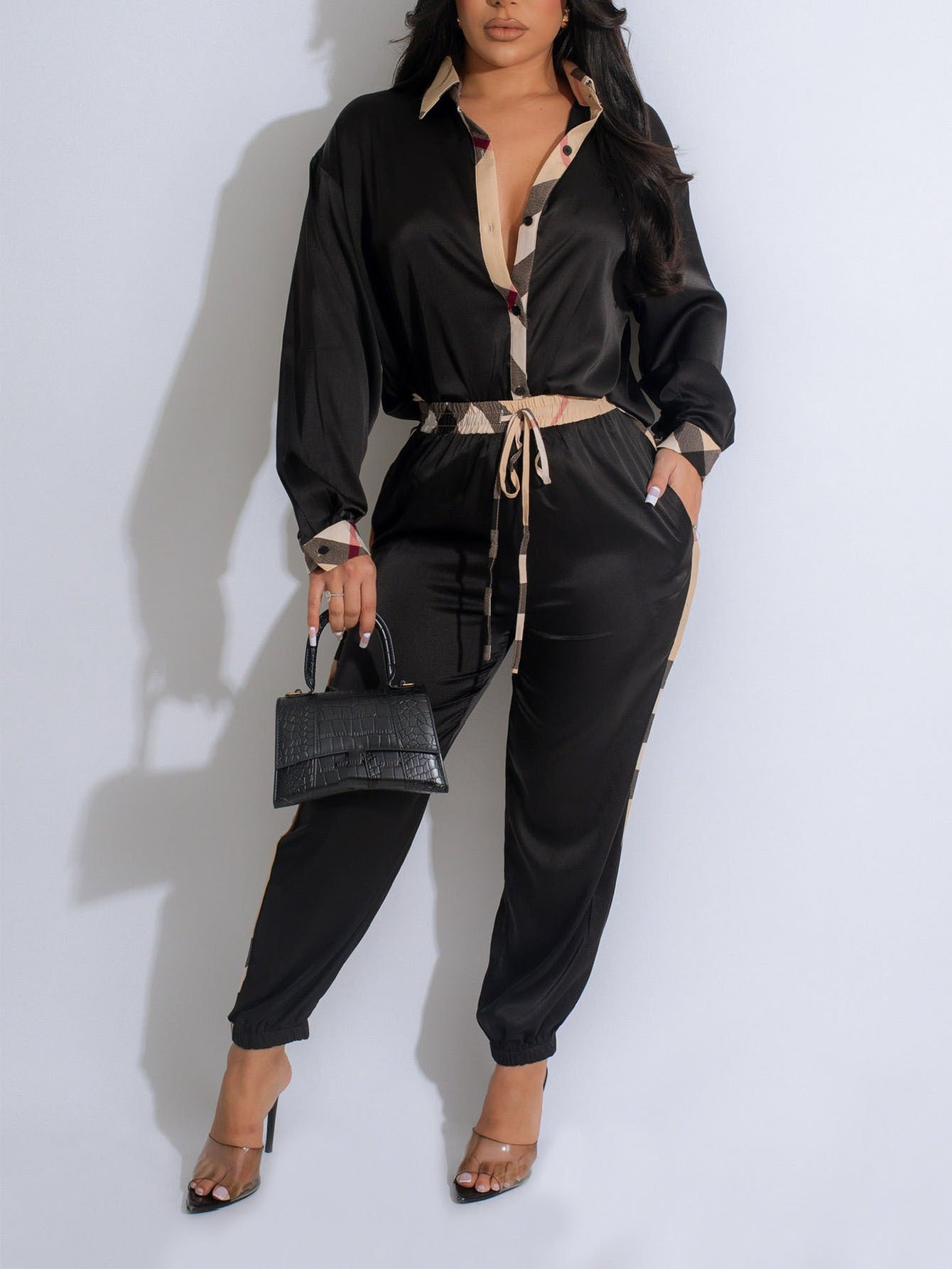 Women Contrast Patchwork Shirt and Cuffed Pants Two-piece Set 3