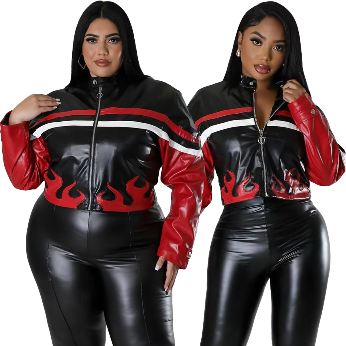 Women's Embroidered Flame Patchwork Leather Jacket 11