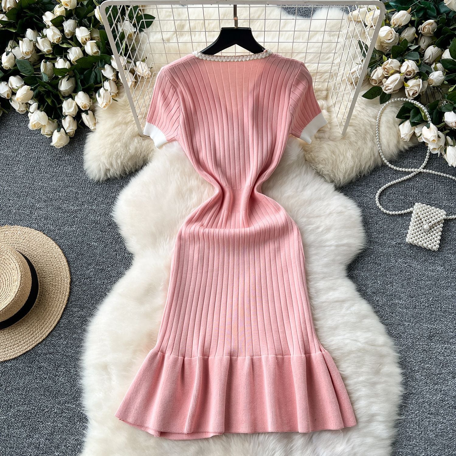 Summer Women's V-Neck Slim Waist Slim Fit Short Sleeve Knit Bodycon Mermaid Mini Dress 16