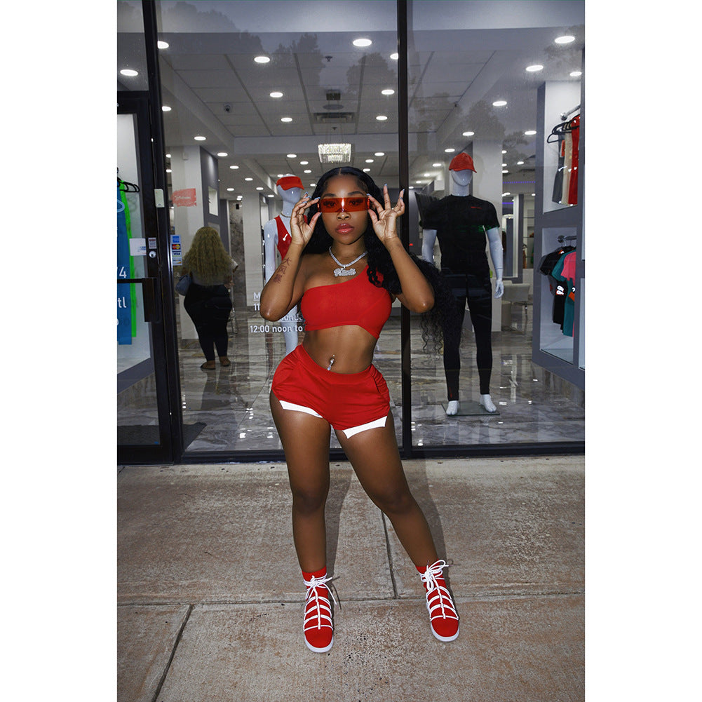Women's Summer Solid Color One Shoulder Sexy Casual Sport Shorts Set