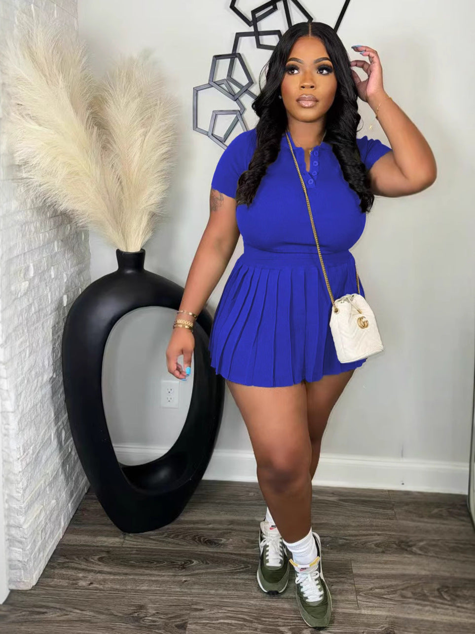 Women's Autumn Winter Turndown Collar Knit Top Pleated Skirt Set 9