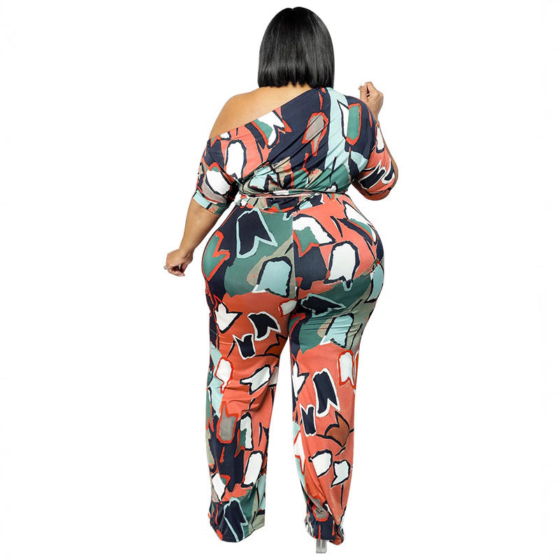 Plus Size Women summer Slash Shoulder print Jumpsuit with belt 9