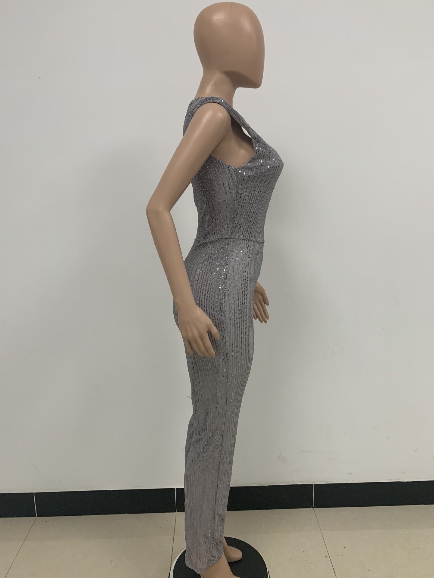 Women's Sleeveless One Shoulder Low Back Sequined Jumpsuit 55