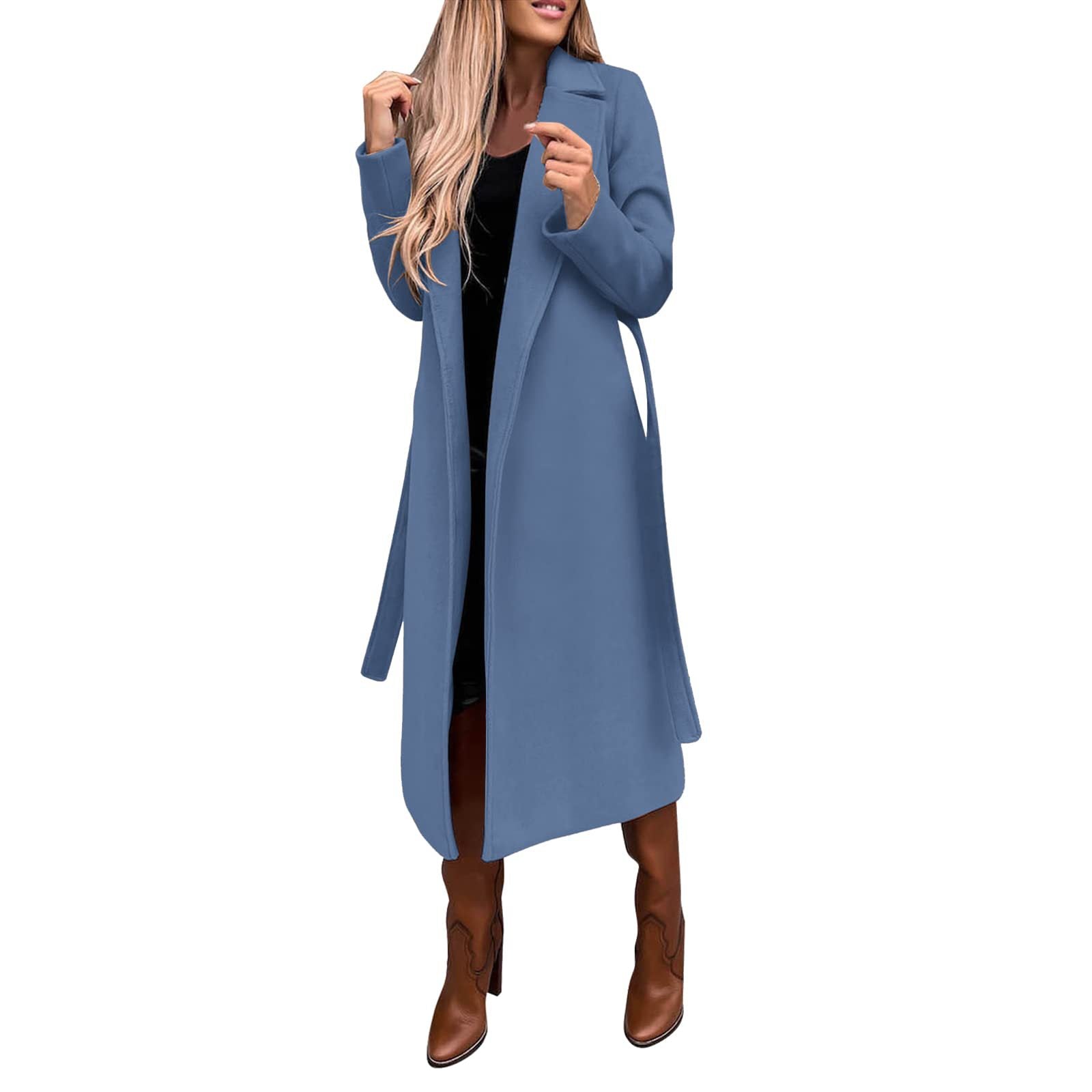 Women Solid Turndown Collar Long Sleeve Lace-Up Coat 14