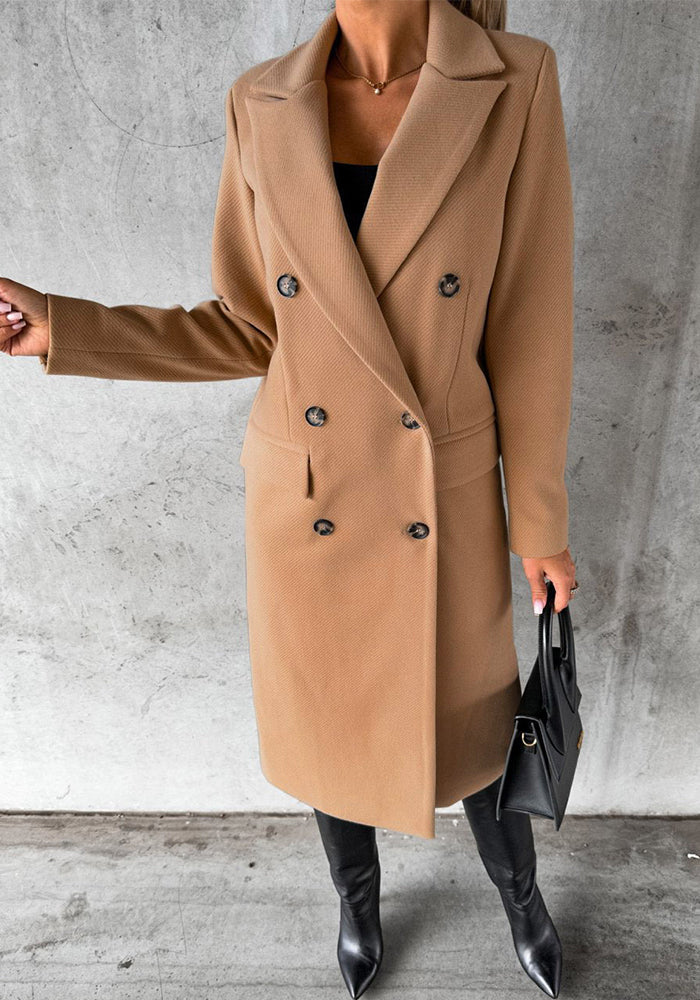 Women Solid Long Sleeve Double Breasted Pocket Coat