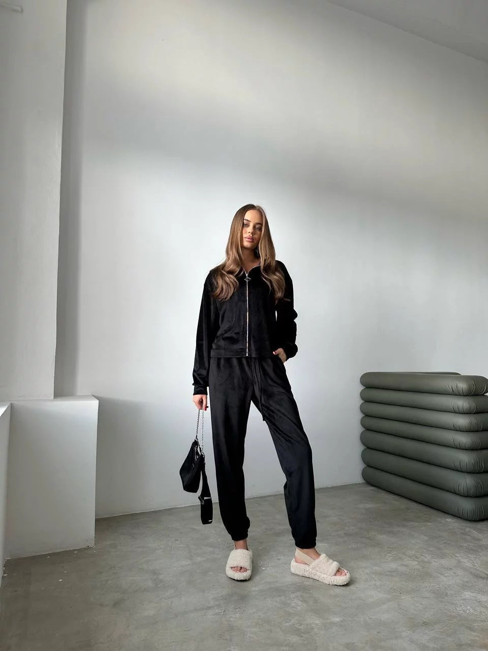 Autumn Velvet Zipper Long Sleeves Top Elastic Waist Pockets Trousers Casual Two-Piece Suit For Women 3