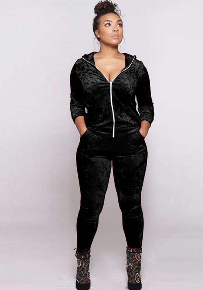 Women Fall and Winter Casual Velvet Hooded Zippered Top Long Pants Two-piece Set