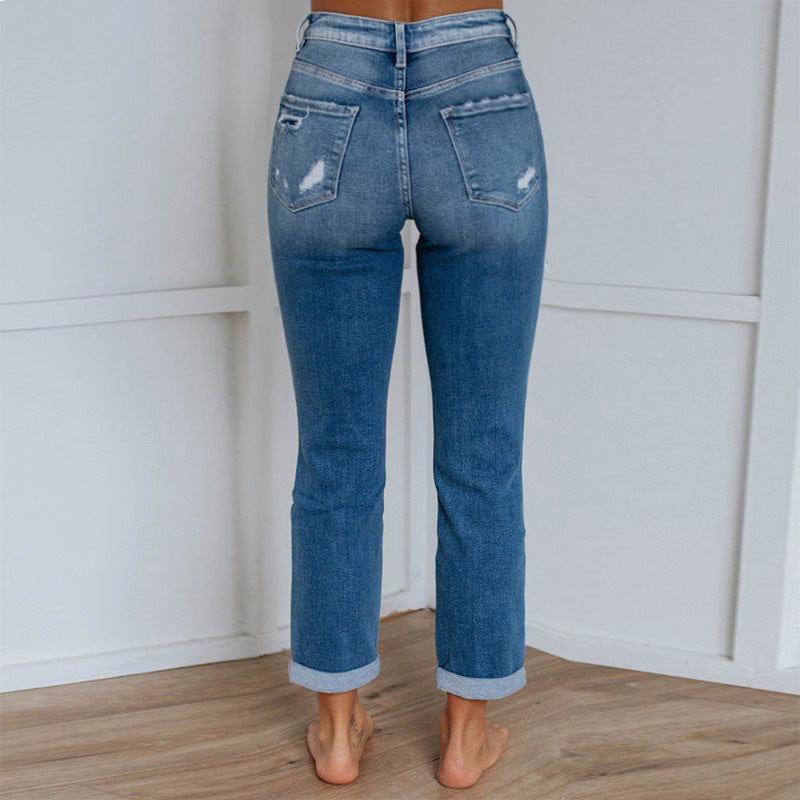 Women Ripped Washed Gradient Denim Pants 5