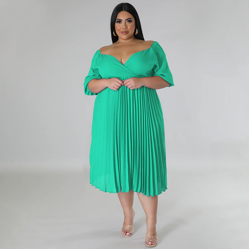 Women's V Neck Hem Pleated Short Sleeves Plus Size Dress 6