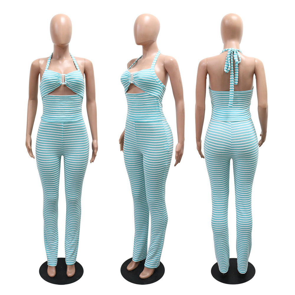 Women jacquard striped lace-up Crop Top and pencil pants two-piece set 11