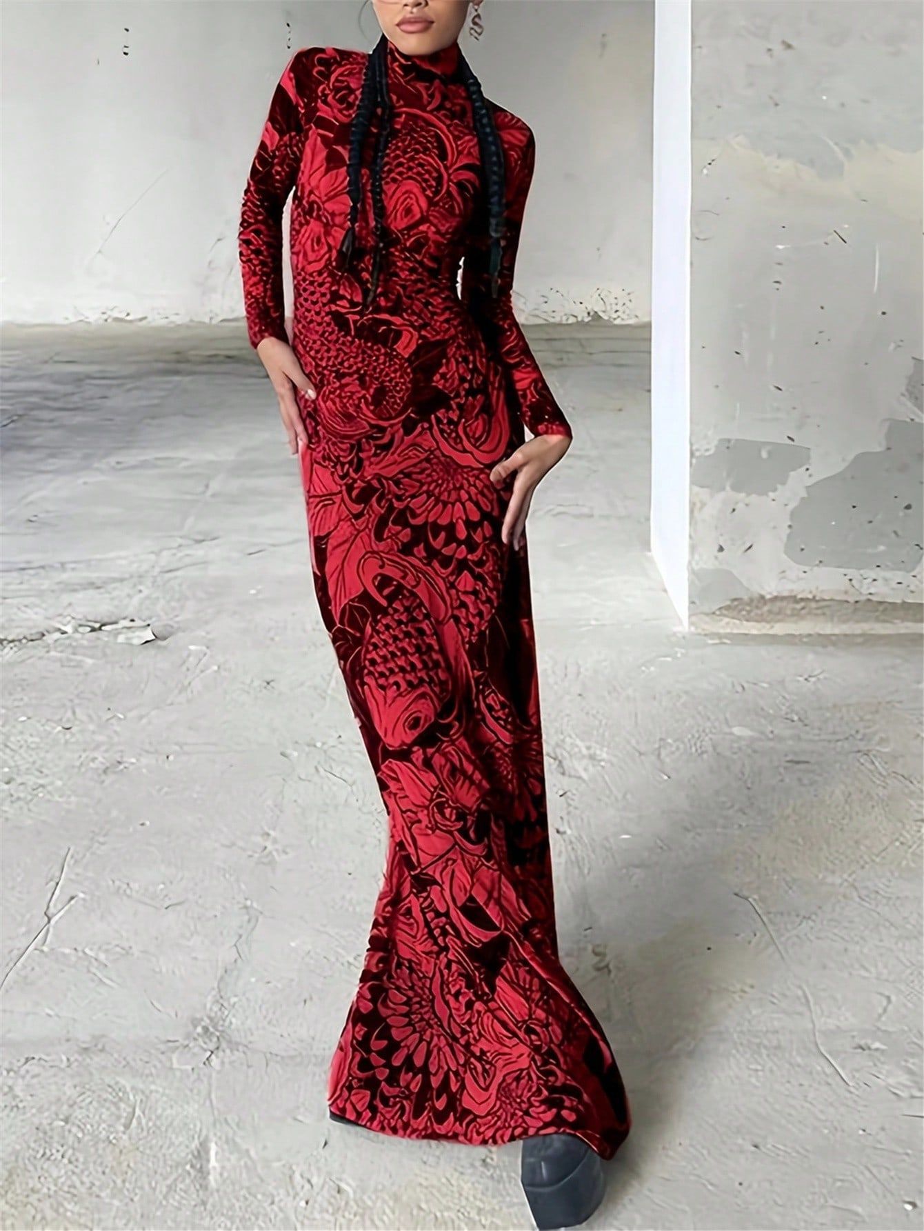 Women's Autumn Fashion Mesh Print See-Through High Neck Slim Fit Dress 13