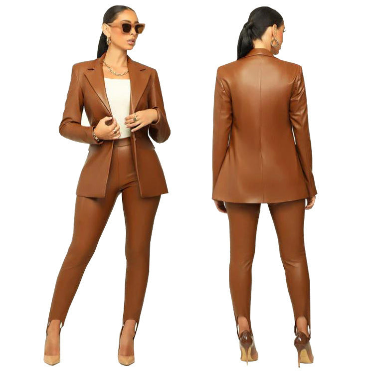 Women'S Pu Leather Turndown Collar Blazer Slit Tight Pants Two Piece Set 7