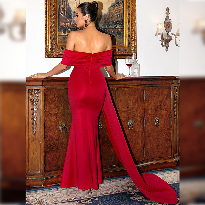 Elegant Red Satin Off Shoulder Chic Short Sleeve Long Evening Dress 3