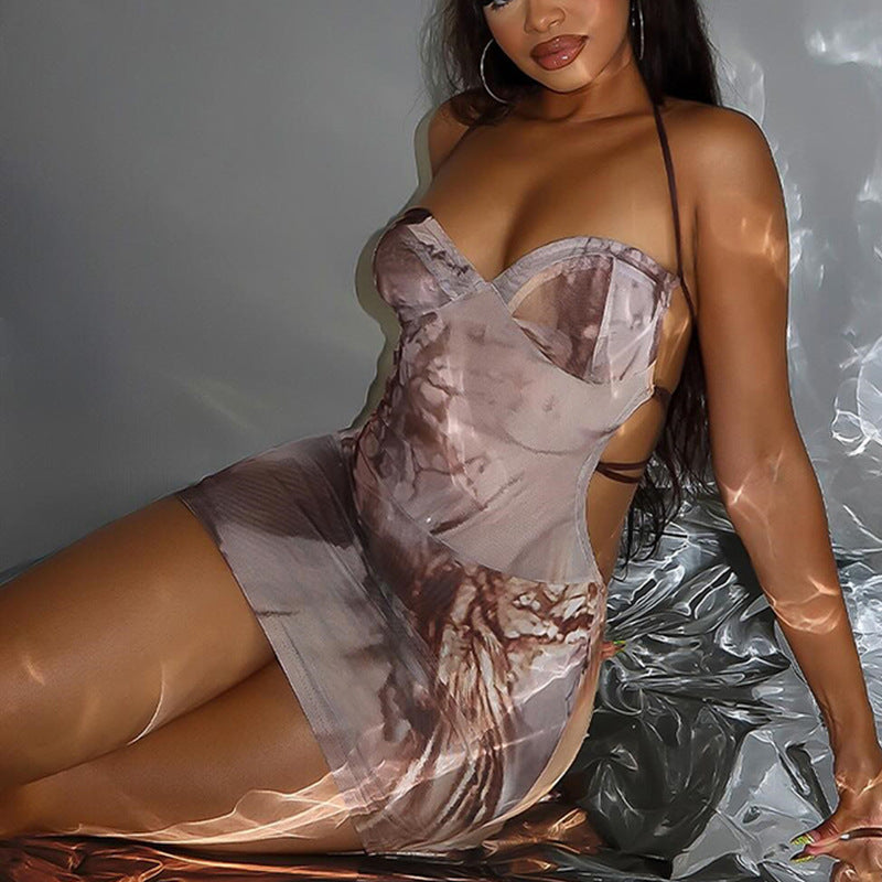 Women's Fashion Print Sexy Halter Lace-Up Low Back Bodycon Short Dress 5