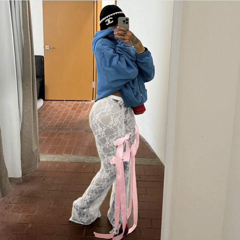 High-Waisted Lace See-Through Bow Trousers Straight-Leg Pants 5
