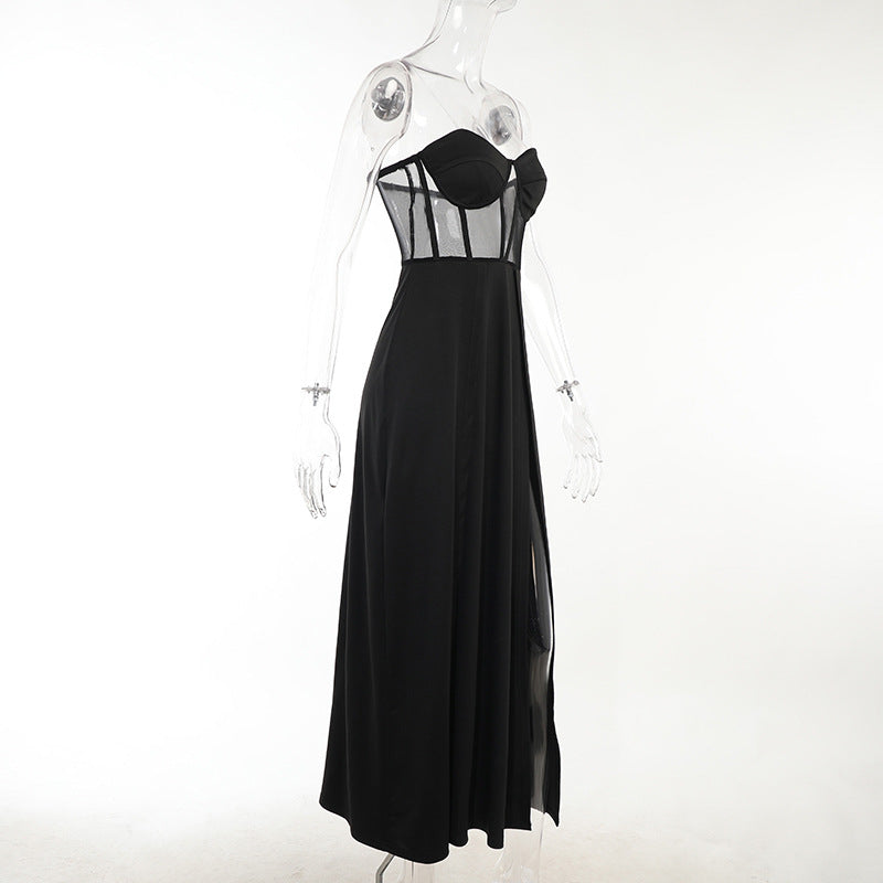 knitting Strapless Tunic Slit Dress Women's Spring Sexy Slim Black Long Dress 8