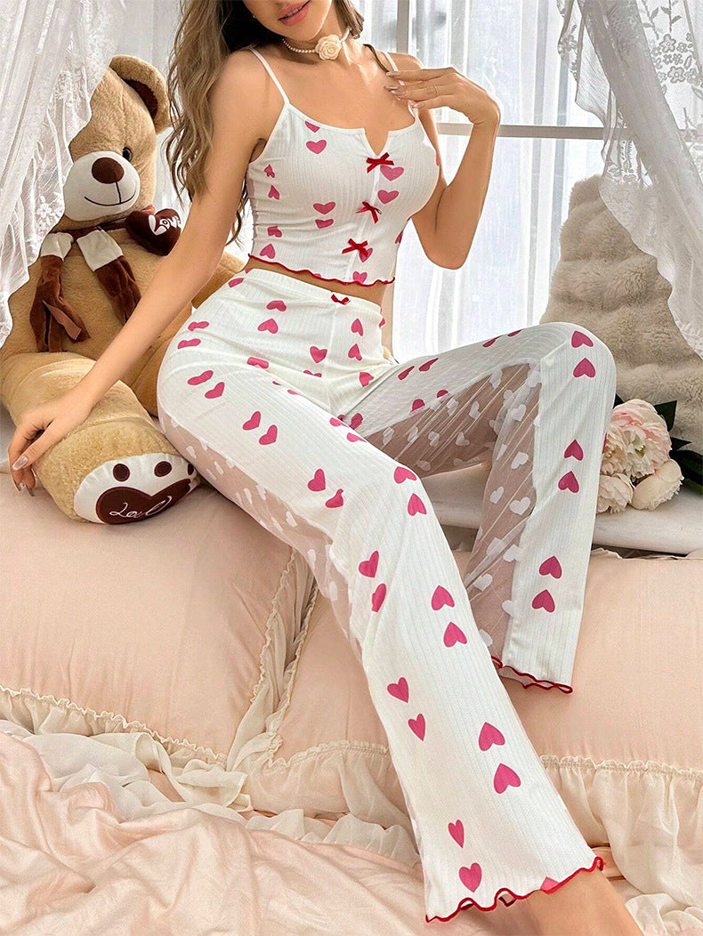 Sexy Pajamas Heart Printed Transparent Mesh Sleeveless Strap Tank Trousers Home Clothes 11