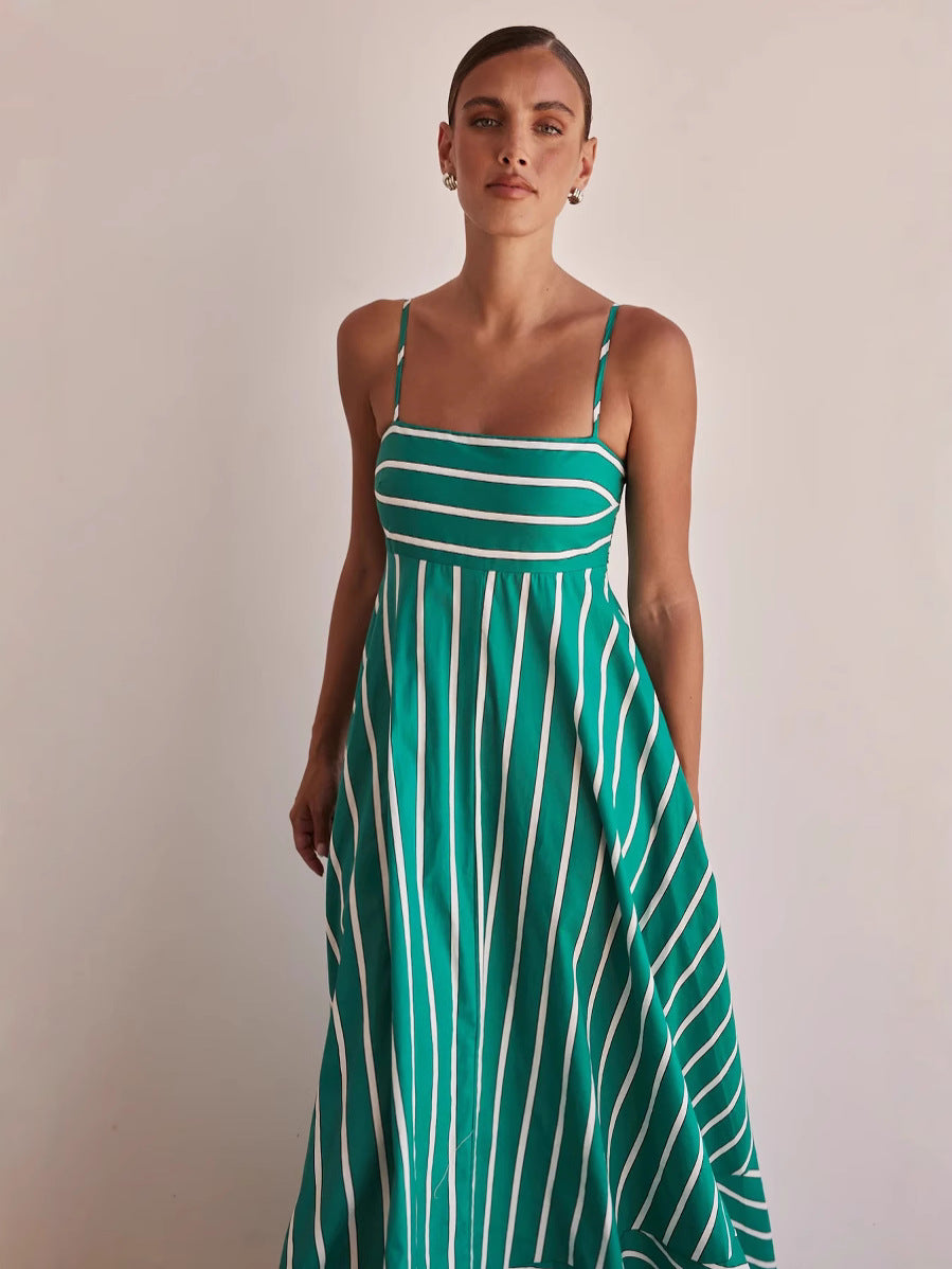Fashionable Striped Strap High Waist A-Line Long Dress