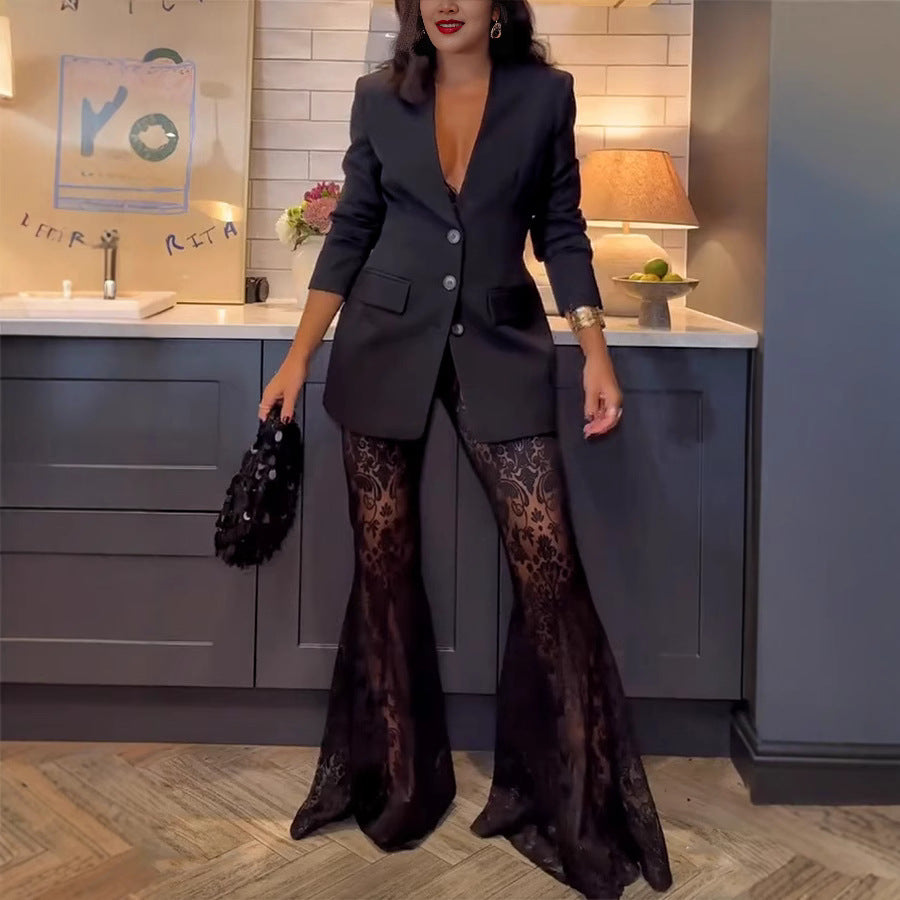 Spring And Autumn Fashion Long-Sleeved Blazer Casual Loose Lace Trousers Two-Piece Suits 7