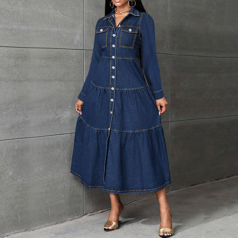 Elegant Long Sleeve Denim Long Dress 3