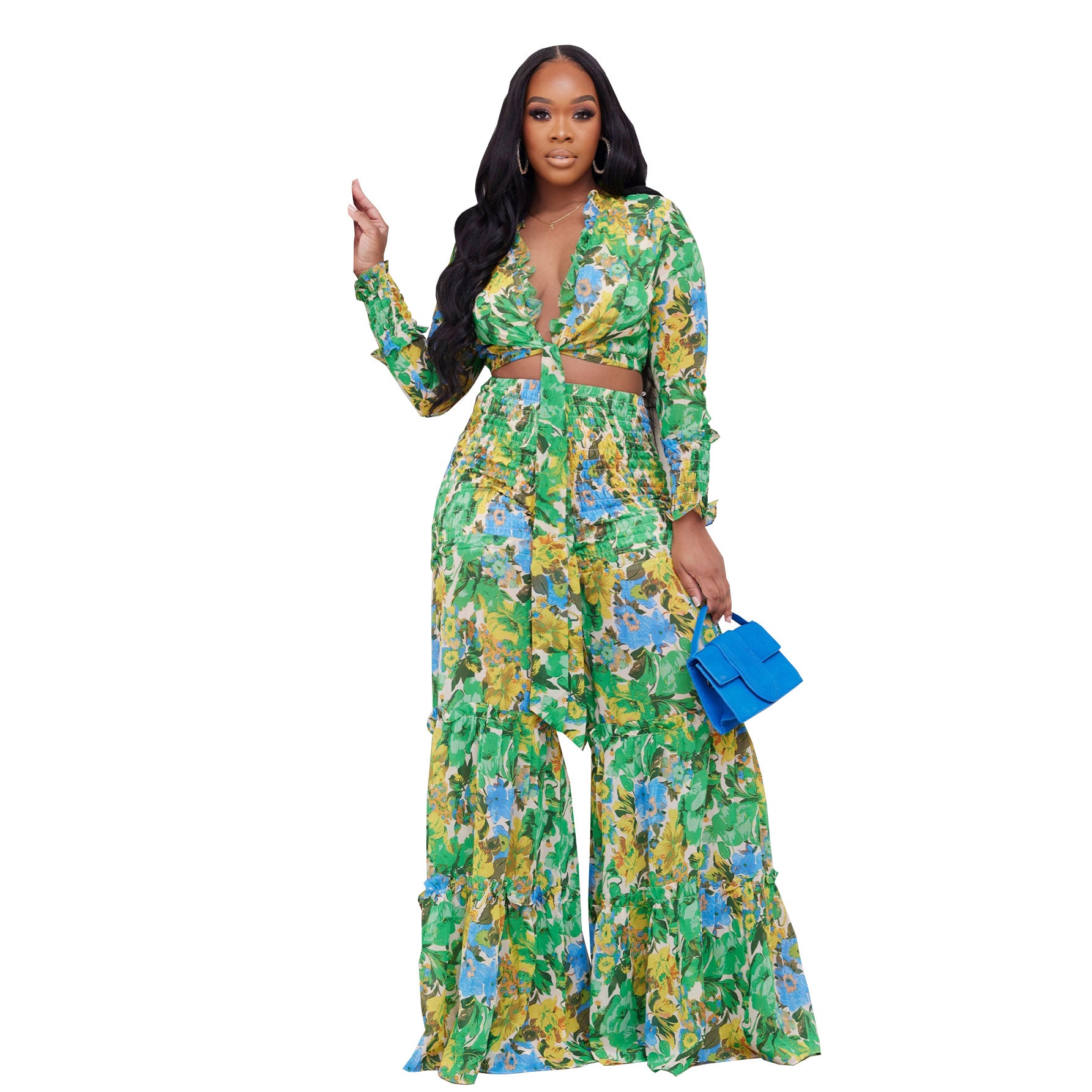 Women chiffon irregular printed long-sleeved top and wide-leg pants Casual two-piece set 6