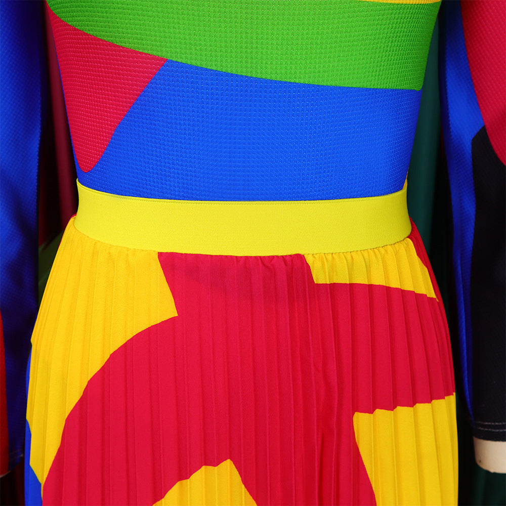 Women Autumn Pleated Print Contrast Color Long-sleeved Top and Skirt Two-Piece Set 17