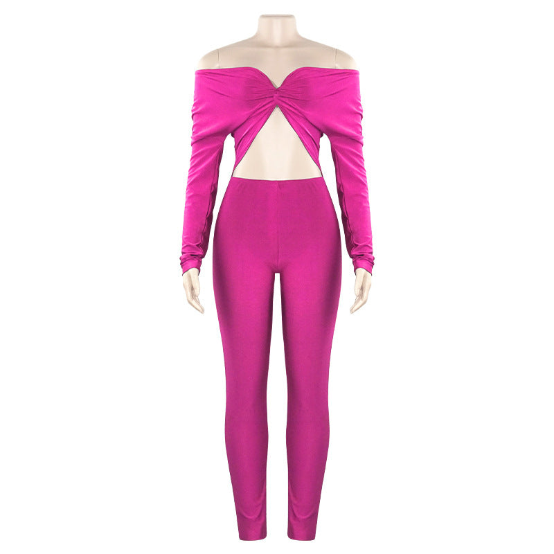 Spring Solid Color V-Neck Off Shoulder Knot Hollow Sexy High Waist Long Sleeve Jumpsuit 16