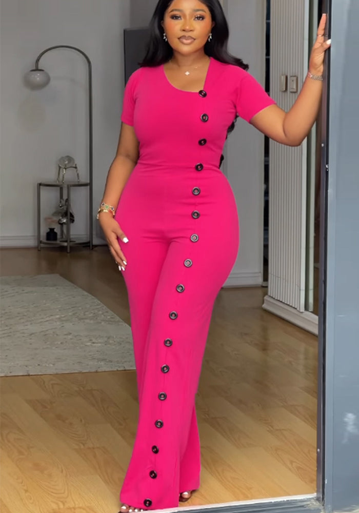 Irregular Neckline Slim Waist Button Wide Leg Jumpsuit