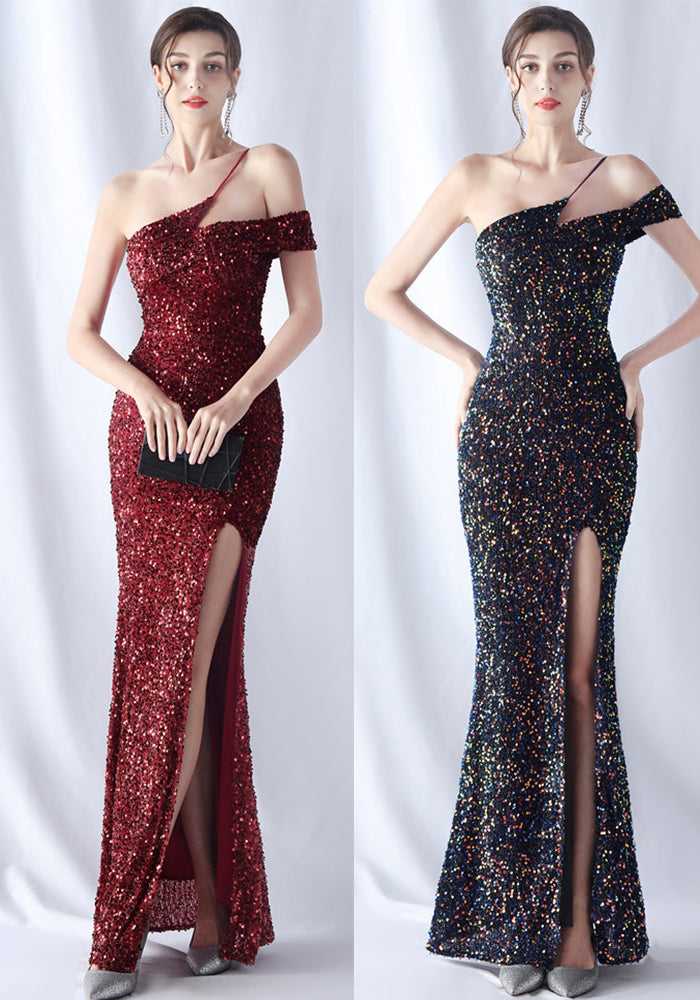 Summer Formal Sequin One-Shoulder Slit Evening Dress