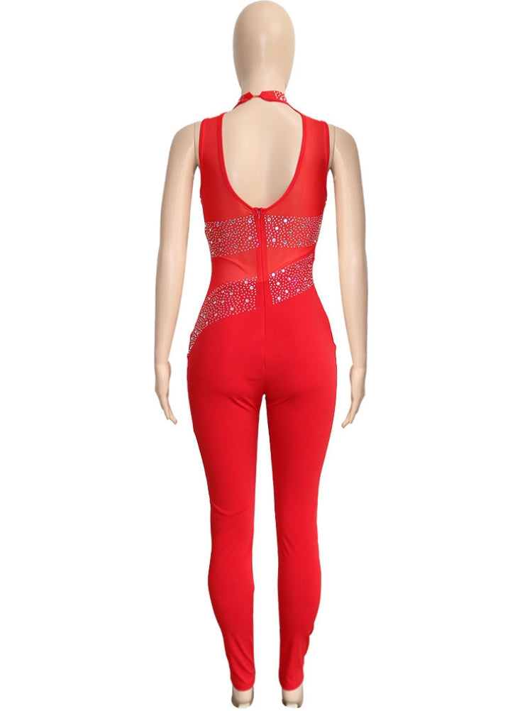 Spring Sexy Red Mesh Patch Beaded Sleeveless Party Jumpsuit 3