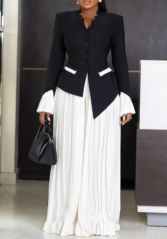 Women Bell Bottom Sleeve Top Pleated Wide Leg Pants Two-Piece Set