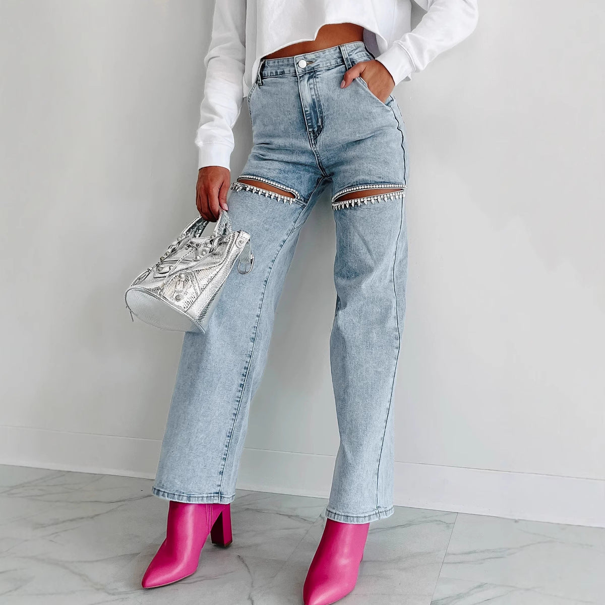 Summer Fashion Women's High Waist Chain  Ripped Straight Denim Pants 3