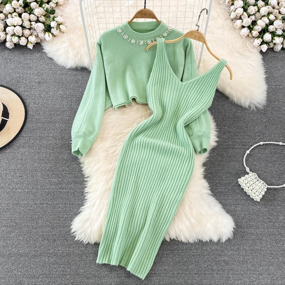 Autumn And Winter French Chic Beaded High-Waisted Sweater Dress Knitting Shirt Two-Piece Set 3