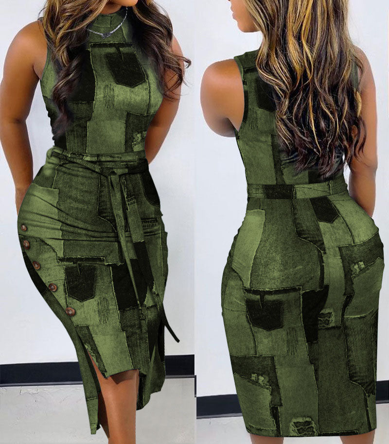 Round Neck Leather Split Dress