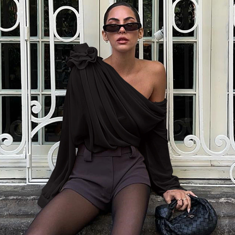 Women Sexy Slash Shoulder Chiffon Top 9