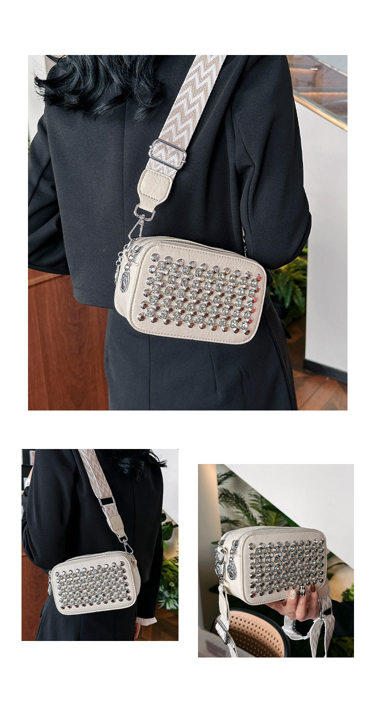 Popular Bags Fashion Rivets Trendy Women's Wide Shoulder Strap Crossbody Square Bag 17