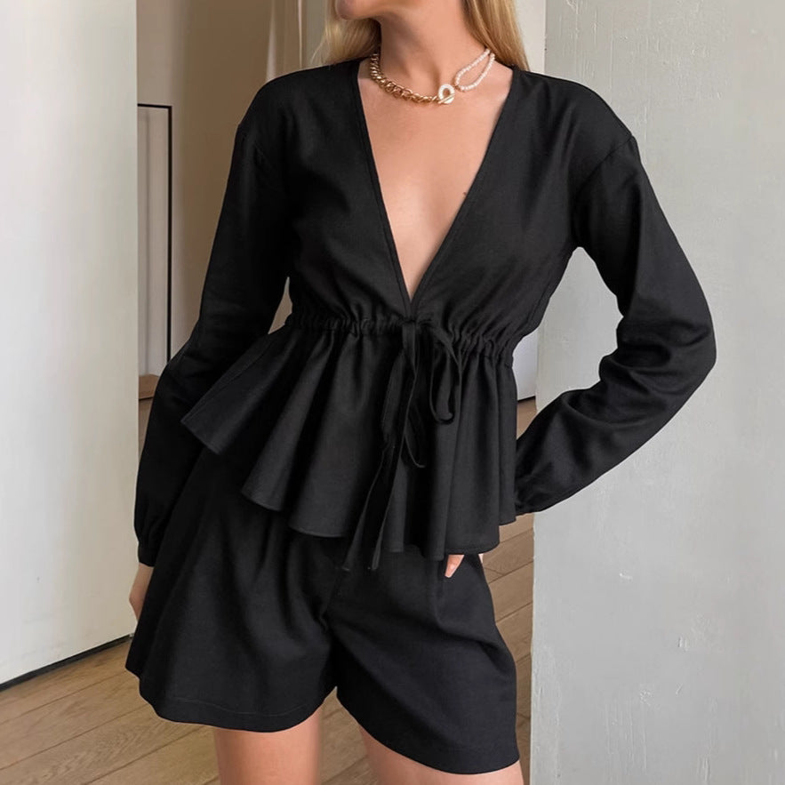 Black V-Neck Linen Long Sleeve Top Shorts Autumn And Winter Fashion Two-Piece Set 7