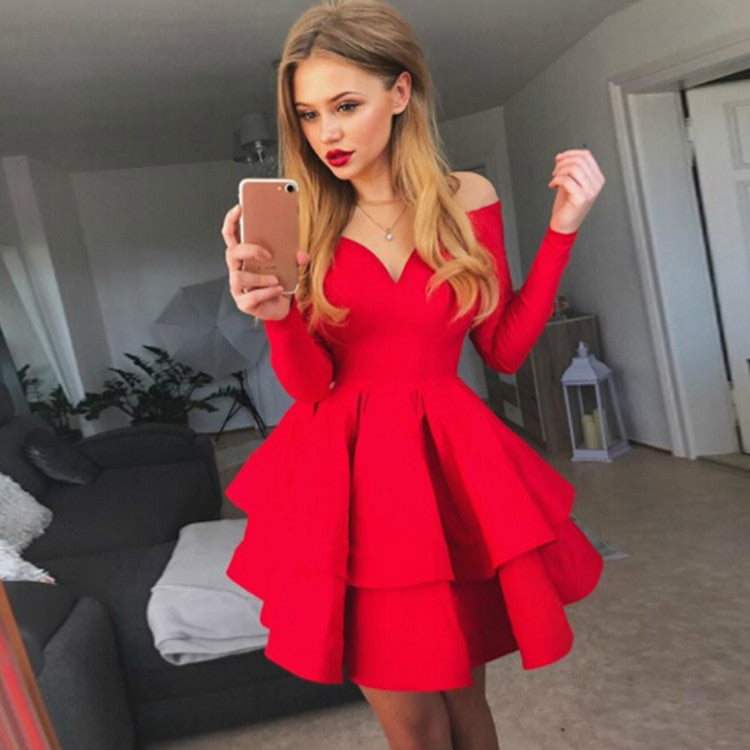 Women Sexy Elegant Deep V Neck Long Sleeve Princess Dress Evening Dress 3