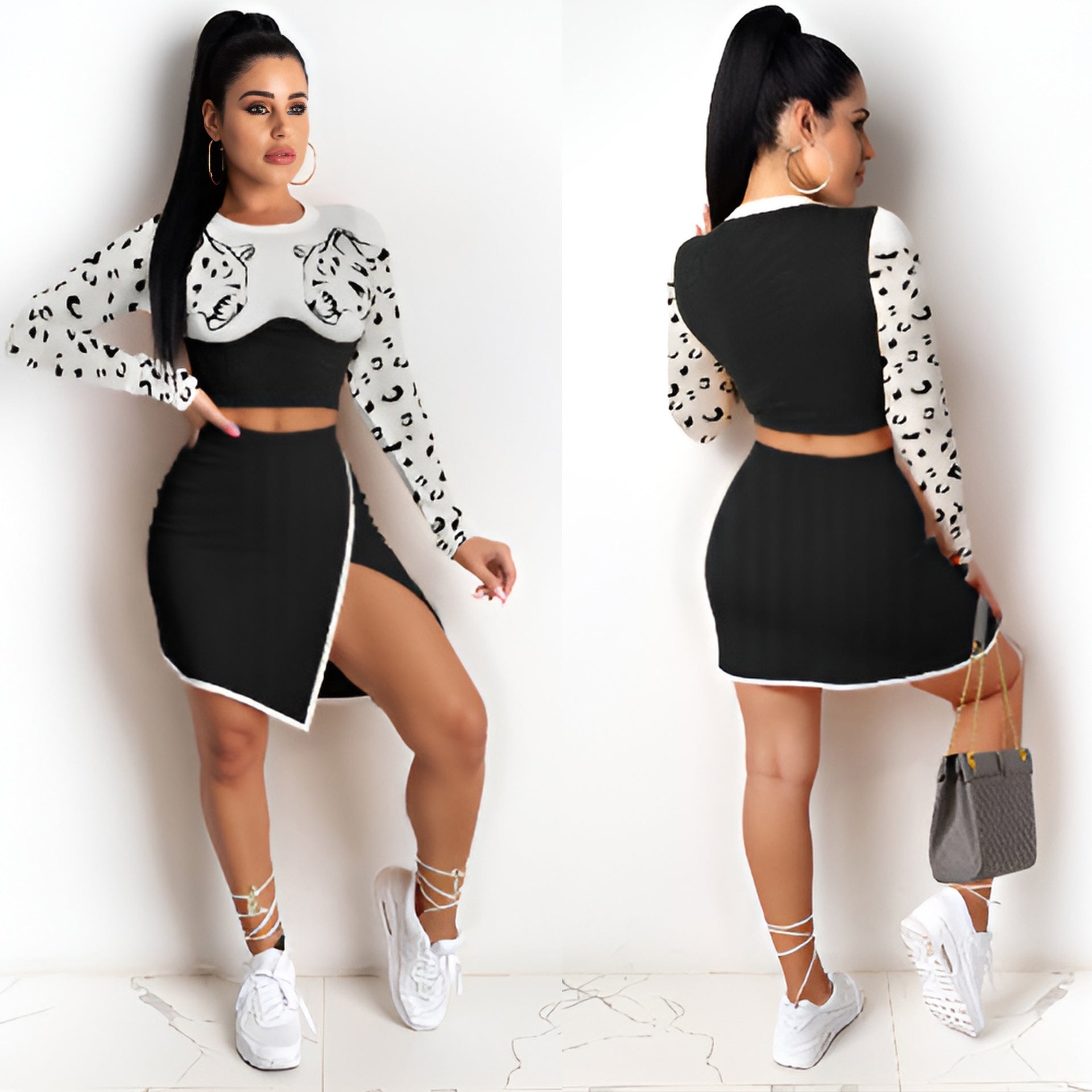 Women Casual Crop Printed Long Sleeve Top and Skirt Two Piece Set 3