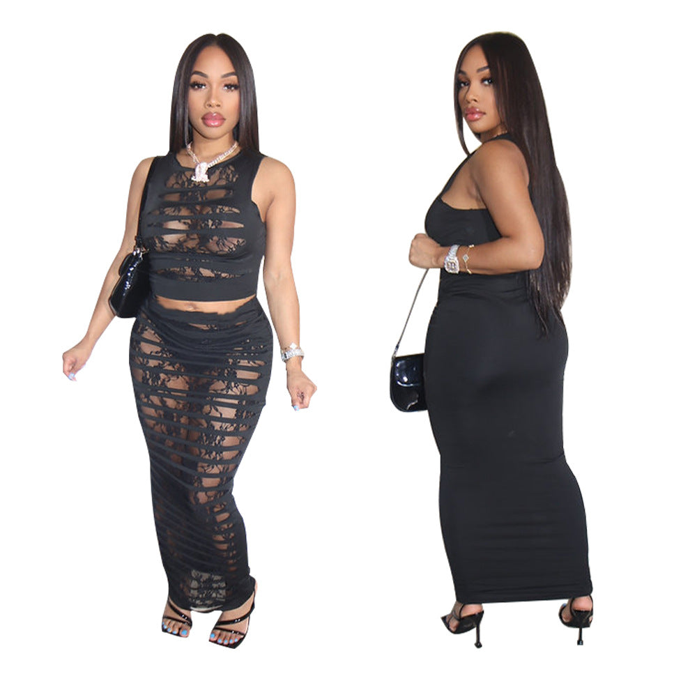 Fashion Women's Sexy Sleeveless Lace Patchwork Two Piece Skirt Set 3